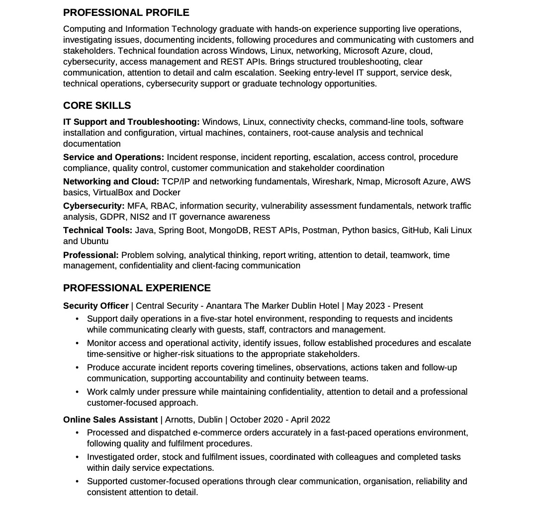 First page of Kelvin Dumas's CV: profile, skills and experience